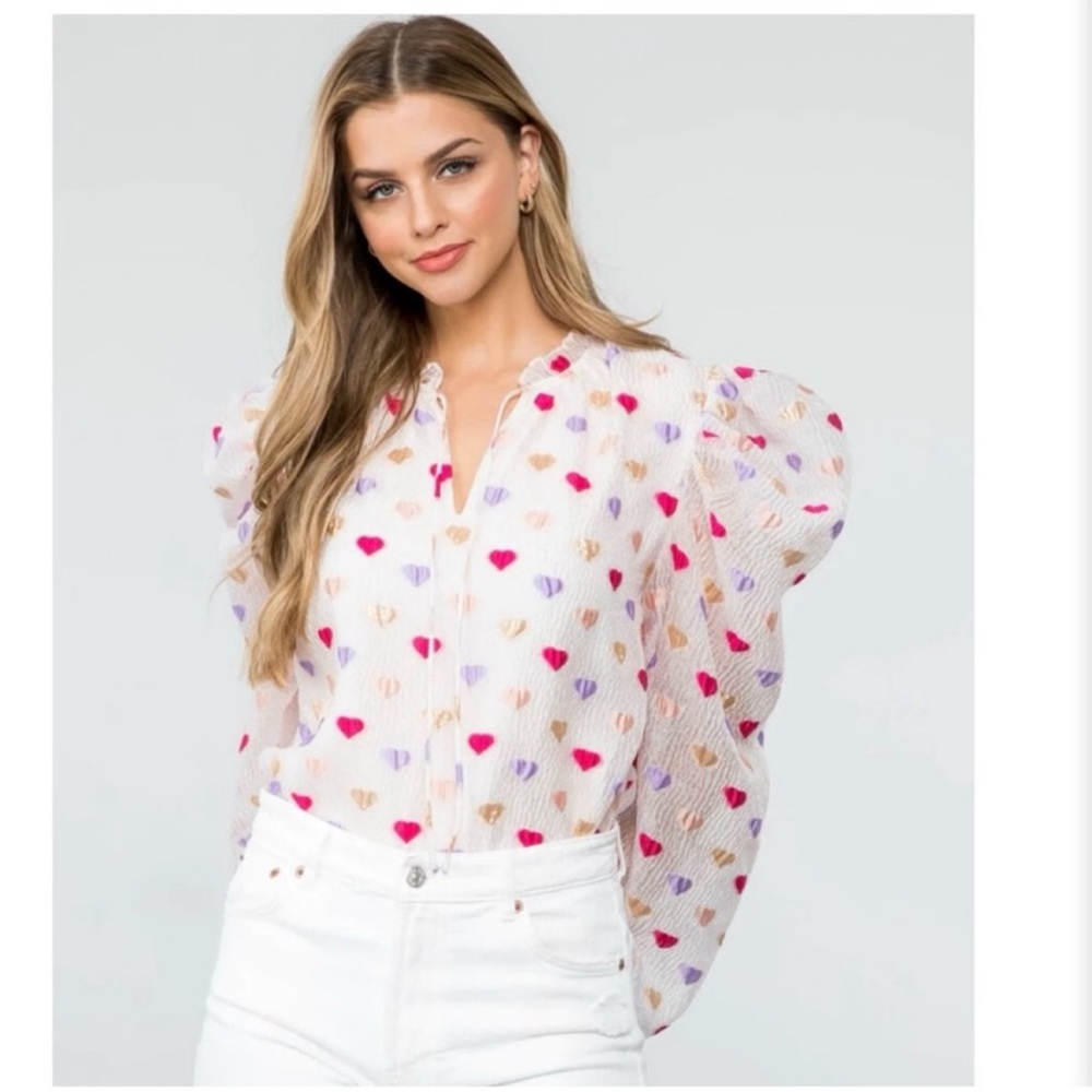 EUC THML scarlett heart print balloon sleeve top gold pink purple red sz small